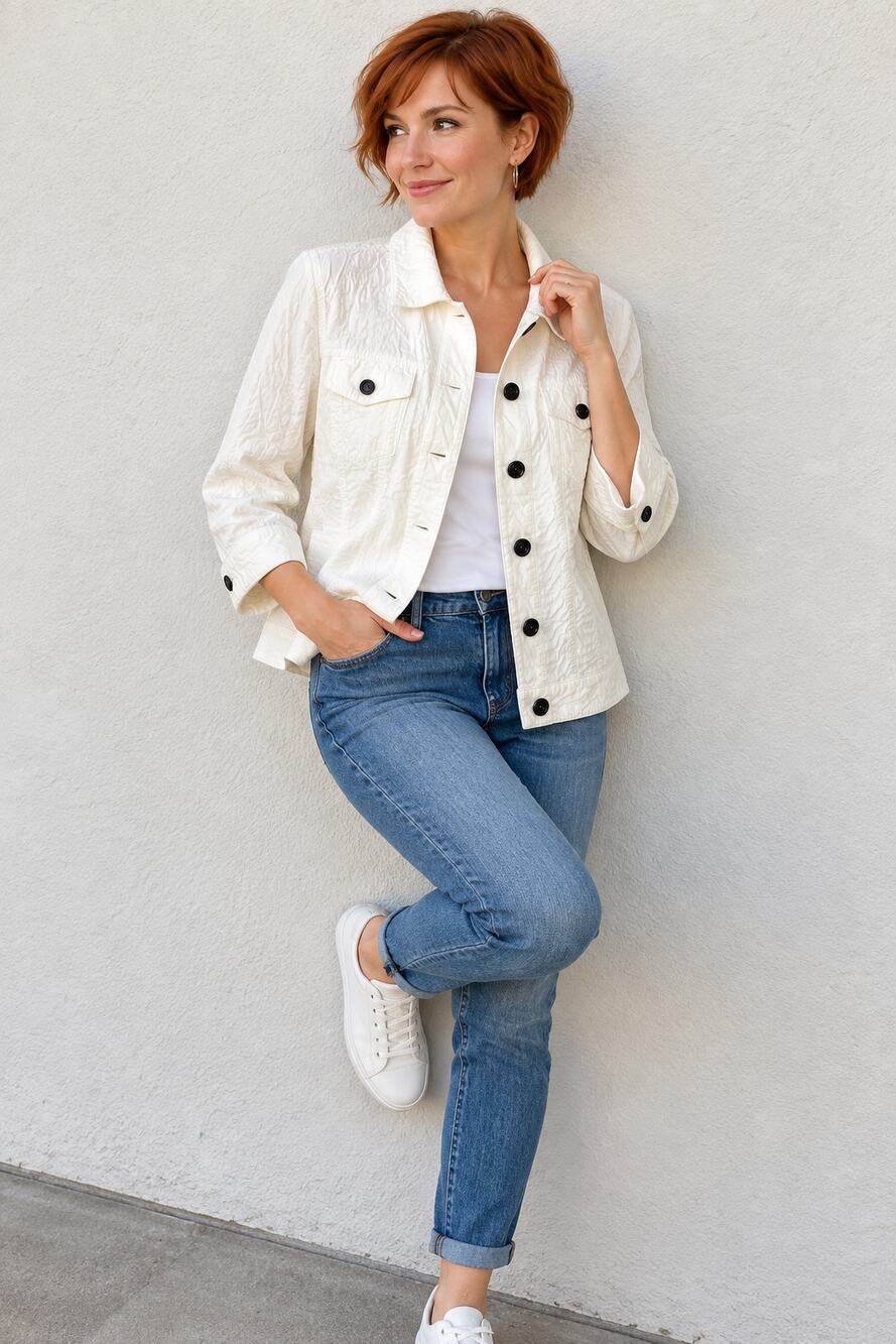 LR460 Chicos Size 1 Ivory Textured Cotton Button Front Jacket 3 4 Sleeve